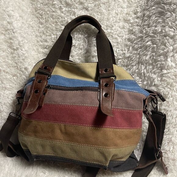 SUNSHINEJING Striped Canvas Tote Crossbody Strap Double Handles - Picture 6 of 12